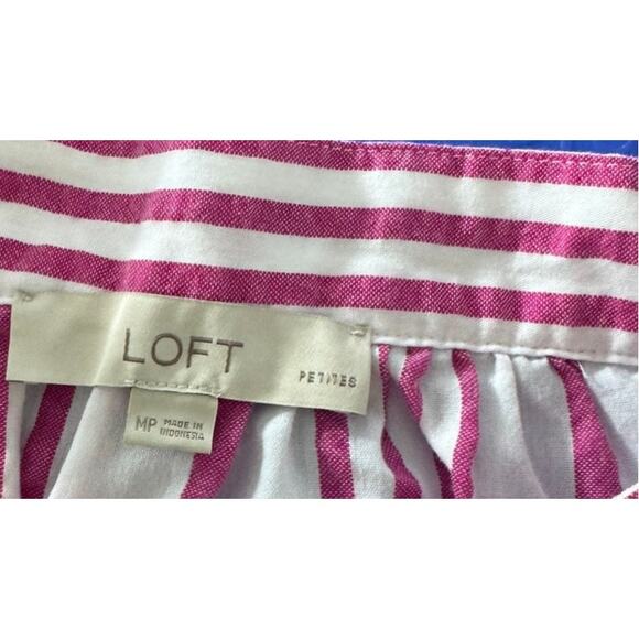 LOFT Petites Medium Petite Square Neck Short Sleeve Piink White Stripe Shirt - Picture 3 of 5